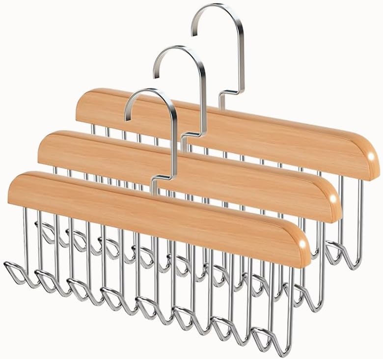 Bra Hangers for Closet Organizer with 16 Metal Hooks Belt Hanger for Closets Space Saving Multi Hook Hanger Non-Slip Tank Top Hanger 360°Rotating Display Belt Organizer for Tie, Hat, Bra Wooden 3 Pack
