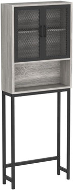 Launica Bathroom Space Saver, Over The Toilet Storage Cabinet, Metal and Wood Industrial Organizer Stand Above Toilet, Freestanding Rack Behind Toilet Wtih Shelf, Light Grey Oak