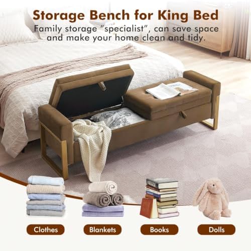 67" Storage Bench for Bedroom, End of Bed Bench King Size, Brown | Double Lids Storage Ottoman Bench with Golden Legs, Upholstered Velvet Bench for Foot of Bed Window Living Room Entryway