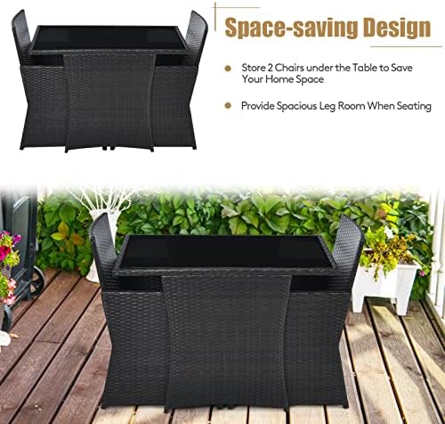 Tangkula 3 Pieces Patio Dining Set, Space-Saving PE Rattan Bistro Set with Te...