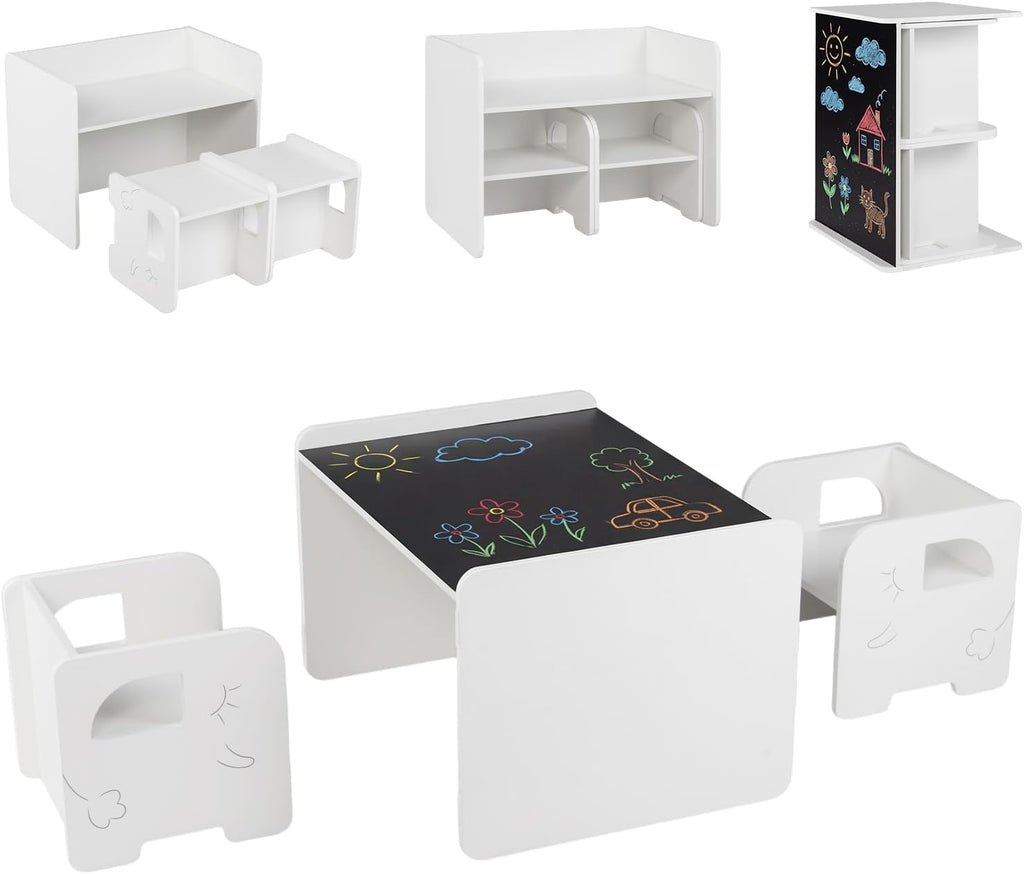 Costzon 3 PCS Kids Table and Chairs, All in One Wooden Montessori Desk Set w/Chalkboard, Storage Shelves, Toddler Table and Chair Set for Home, School (White, Elephant)