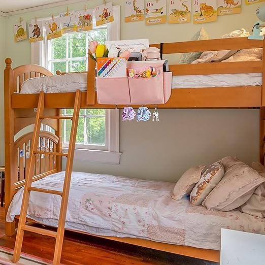 Bedside Storage Organizer 5 Pockets with 4 Hooks Hanging Storage Bag for Headboards/Bunk Bed (2Pack Pink)
