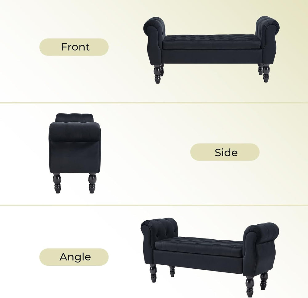Velvet Upholstered Storage Bench with Arms and Wooden Legs, 47.6" Modern...