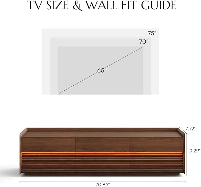 POVISON Fully-Assembled Mid Century Modern TV Stand, 70.87" Wood Media Console with Adjustable LED Light, Entertainment Center with Storage for Living Room