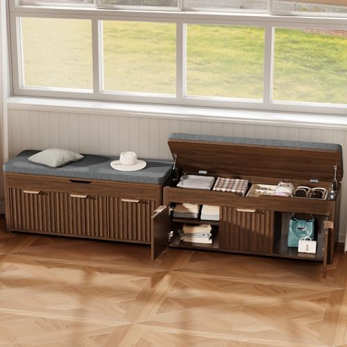 37.4" W Shoe Bench with Storage, Lift Top Entryway Bench, Walnut | 2-Tie...
