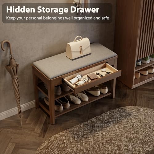 Small Shoe Bench with Storage, Wooden Shoe Storage Bench with Cushion&Hid...
