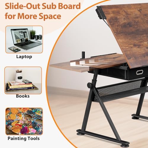 SUPER DEAL Drafting Table Set with Charging Station, Height Adjustable Tiltin...