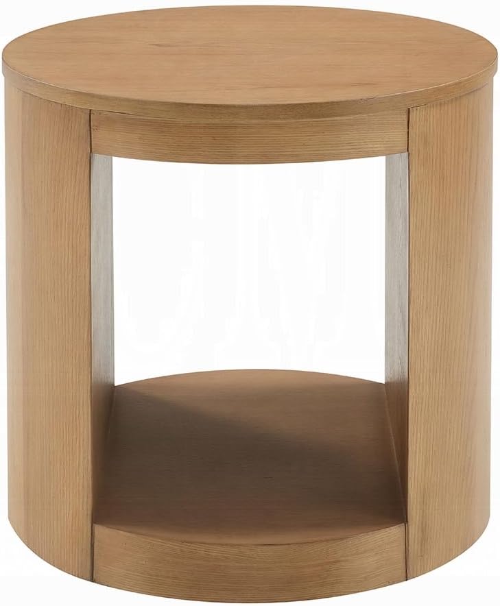 Benzara Sery Side End Table, 22 Inch Round Top with Open Lower Shelf, Oak Brown