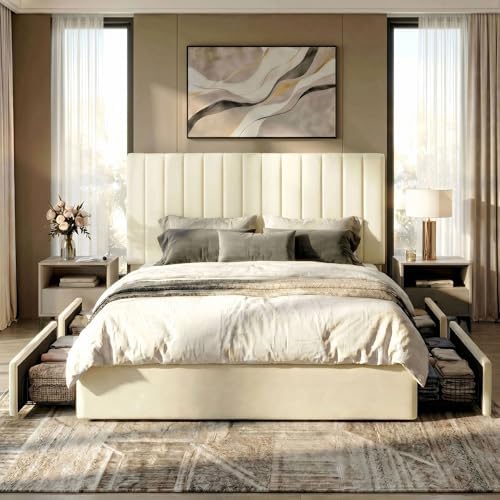 SHA CERLIN King Size Platform Bed Frame with 4 Storage Drawers