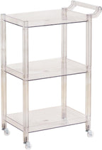 Acrylic Utility Rolling Cart, 3-Tier Clear Acrylic Storage Cart with Pulling Handle & 4 Wheels for Kitchen Dining Bathroom Laundry, Multifunction Serving Trolley for Small Spaces (Transparent)