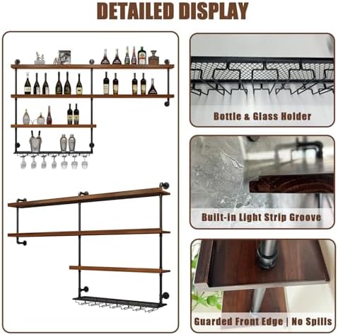 Solid Wood LED Wall Mounted Wine Rack (51.2 in/ 130CM) | 4 Tiers Liquor Bottl...
