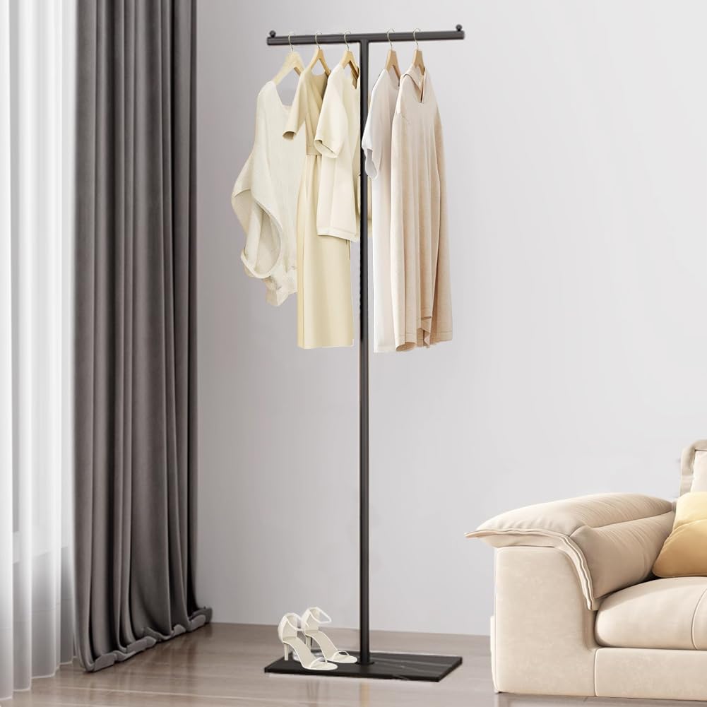 T-Shaped Metal Rack Stand,Modern Clothes Rack With Rock Slab Base,60.3Inch Freestanding Clothing Rack Stand,Suitable For Boutiques, Entryway, Bedroom, Living Room, Hallway,（ 60.3 Black）