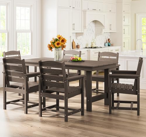 SERWALL 7 Pcs Outdoor Dining Set, 67" HDPE Dining Set for 6, Coffee