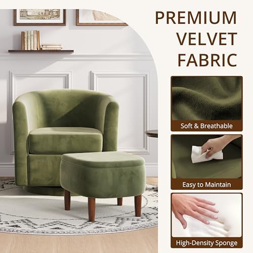 360° Swivel Accent Chair with Storage Ottoman | Small Modern Velvet Barrel Ch...