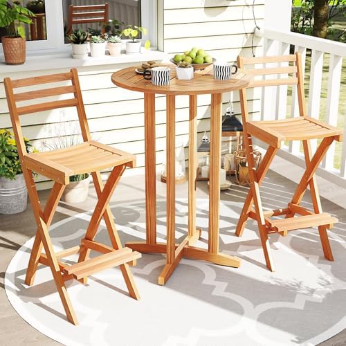 Tangkula Patio Folding Barstool, Outdoor Portable High Top Acacia Wood Bar He...