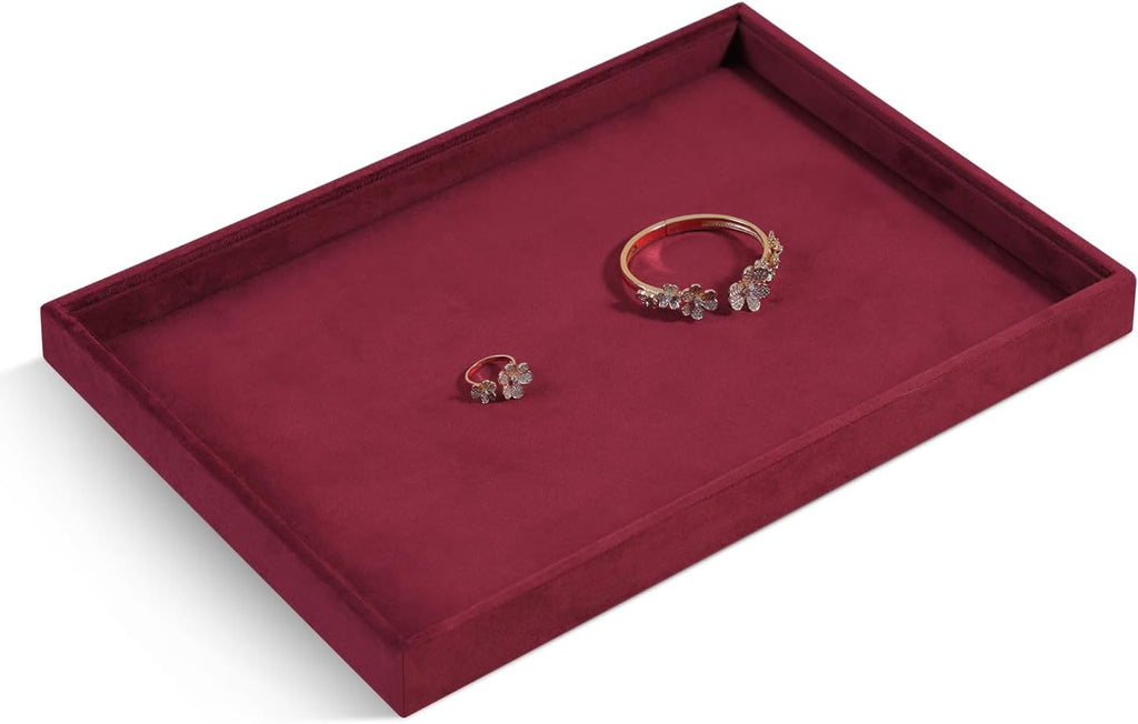 Velvet Stackable Jewelry Display Flat Tray For Ring Earring Necklace Bracelet, Bangle Pendant Storage Blank Plate, Shop Countertop Jewelry Dish Organizer (Red)