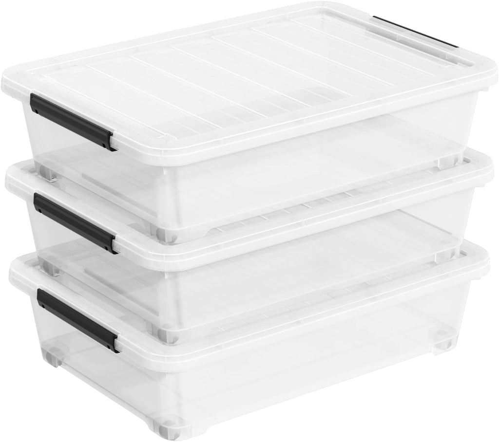 3 Pack 20 Qt Wheeled Latching Storage Box, Stackable Underbed Bin with Latch Lid, Clear