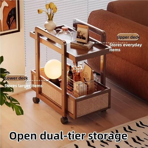 Modern 2-Tier Bamboo Rolling Side Table with Rattan, Stylish Coffee Table on ...