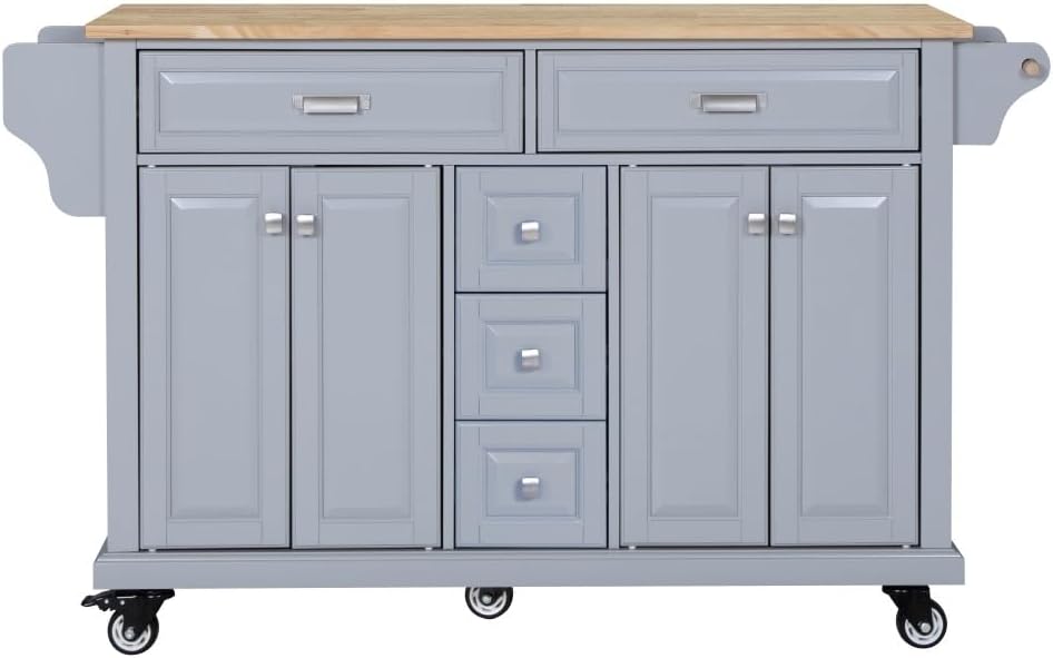 Kitchen Island with Rubberwood Top, 5 Drawers, Cabinet and Wheels, Grey | Rol...