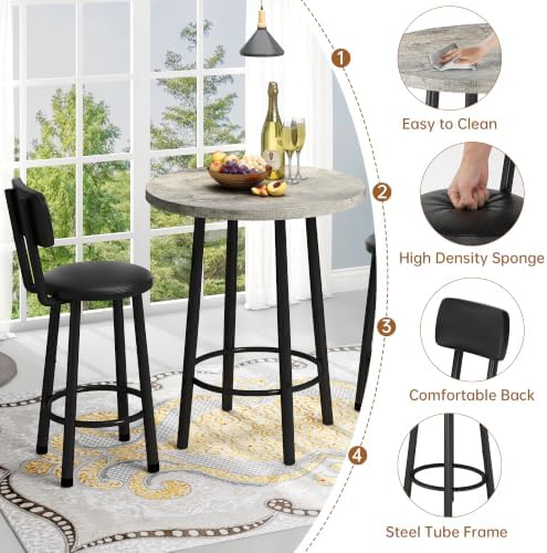 Recaceik 3‑Piece Pub Dining Set, Counter Height Modern Round Bar Table with W...