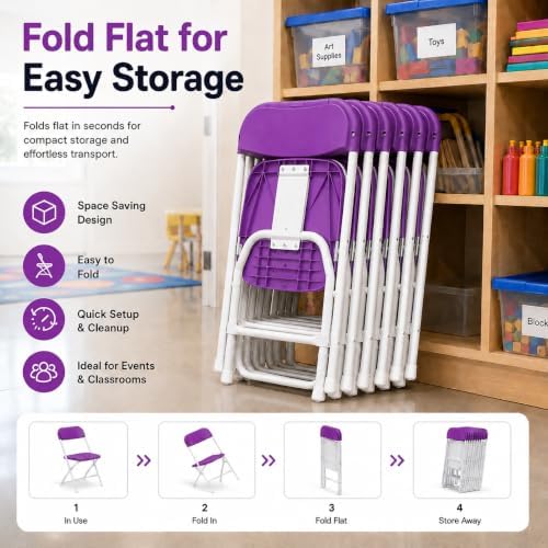 Timmy Kids Plastic Folding Chair, White Kids Chair with Steel Frame, Portable Foldable Child Chair for Classroom, Daycare, Parties & Events, 220 lb Capacity (2, Purple)