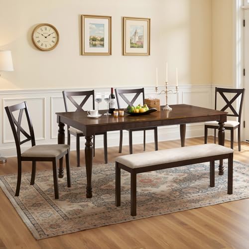 LUXOAK 6 Piece Farmhouse Dining Table Set with 71" Solid Wood Table