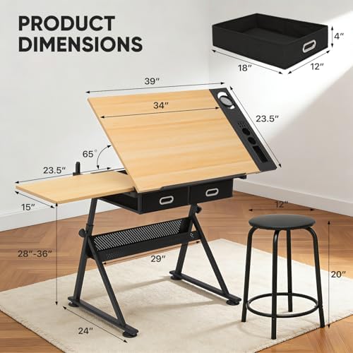 Magshion Drafting Table for Adults w/Stool, Natural