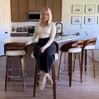 Swivel Bar Stools Set of 3, 30 inch Mid Century Bar Stools with Bentwood Curved Back, Walnut Craftsmanship, Upholstered Faux Leather, Bar Height BarStools for Bar/Cafe/Pub (Beige, 30" Seat Height)