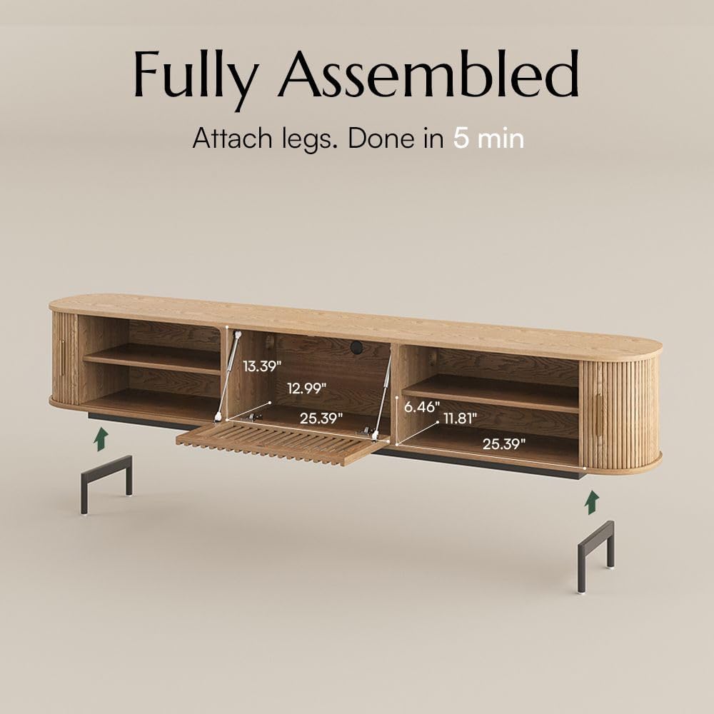 POVISON 94.49" Wood Fully-Assembled Sliding Tambour Door TV Stand, Oak | Mid Century Modern TV Console, Adjustable Shelves, Media Console for 85-98 Inch TV, Soft Close Cabinet Door, Storage Space