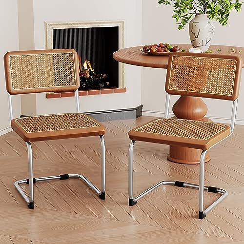 Dining Chairs Set of 2,Natural Rattan Seat Kitchen Accent Side Chair-Brown