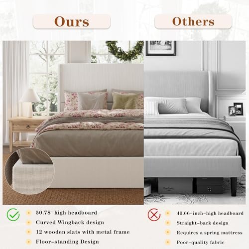 Queen Size Upholstered Bed Frame, 50.8" High Headboard Wingback Bed Fram...