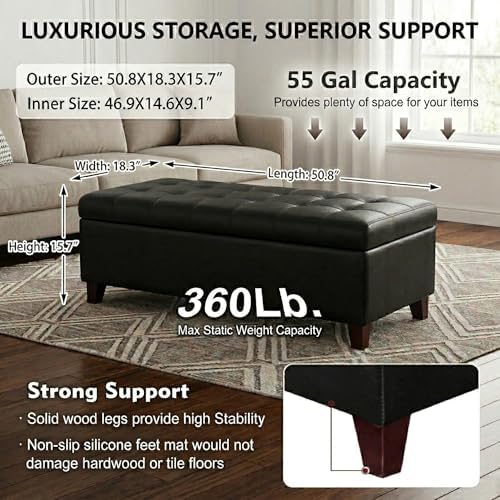 Black Ottoman with Storage Faux Leather Storage Ottoman Bench | 51 Inch Uphol...