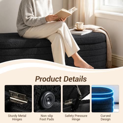 Teddy Sherpa Oval Black Ottoman with Storage, 45.5-inch Bench | Teddy Upholst...
