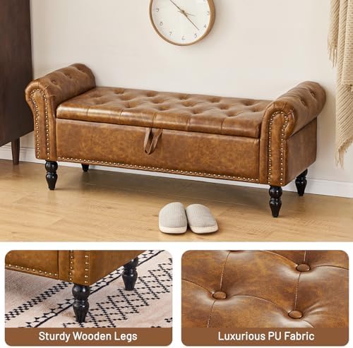 Furniliving Storage Ottoman Bench, Leather Benches End of Bed Bench with Soli...