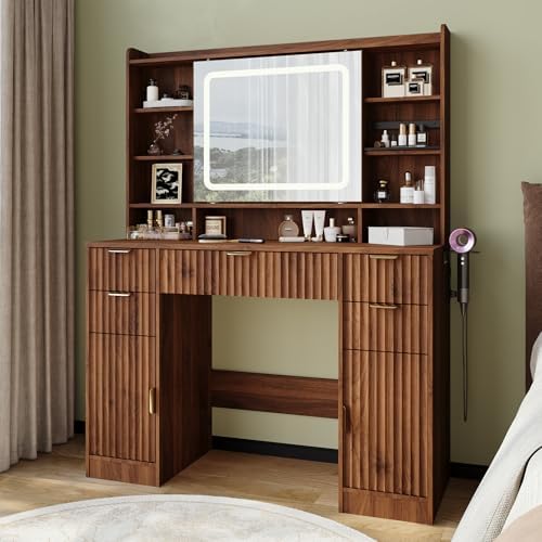 43.3" Fluted Vanity Desk with Mirror and Lights, Modern Makeup Vanity Ta...