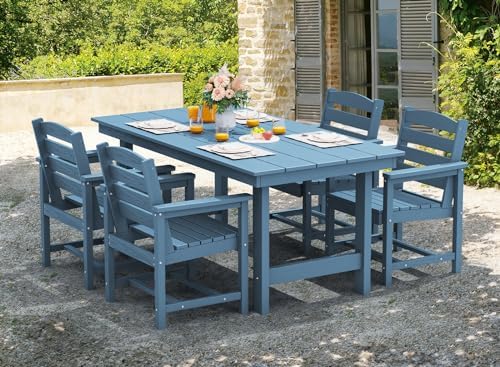 SERWALL 7 Pcs Outdoor Dining Set, 67" HDPE Dining Set for 6, Blue