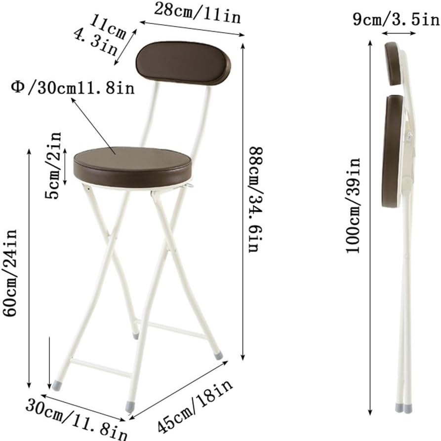 24inch/60cm Folding Bar Stool, Counter Height Foldable Chair with Padded Seats, Kitchen Breakfast Tall Stool with Backrest, Fold Up Sitting Stool Chair for Adults, 260lb Capacity (Color : Brown, Siz