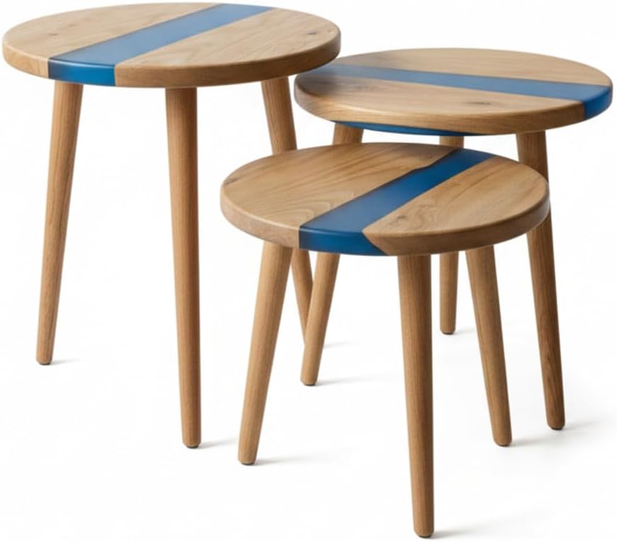 3-Piece Round Nesting Side Table Set 15.7 in | Navy Blue Epoxy & Walnut W...