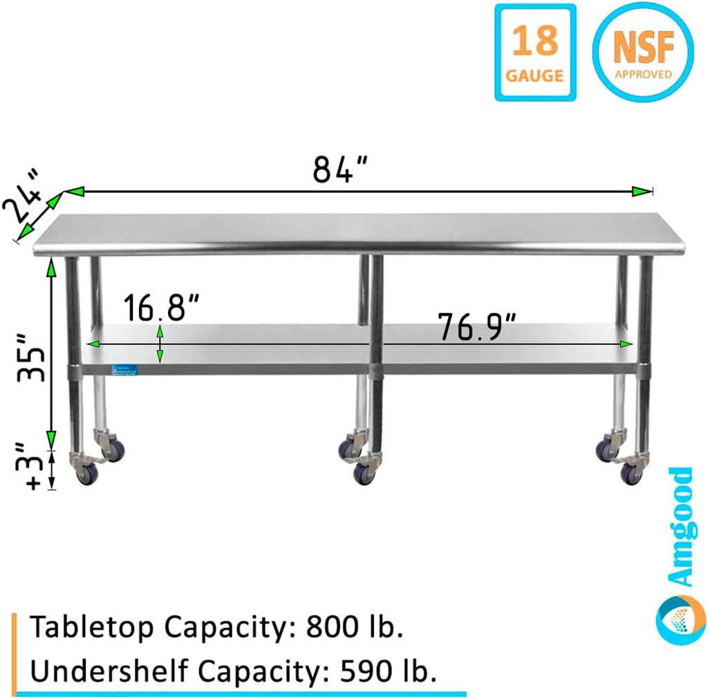 AmGood 84" Long x 24" Deep Stainless Steel Table with Casters
