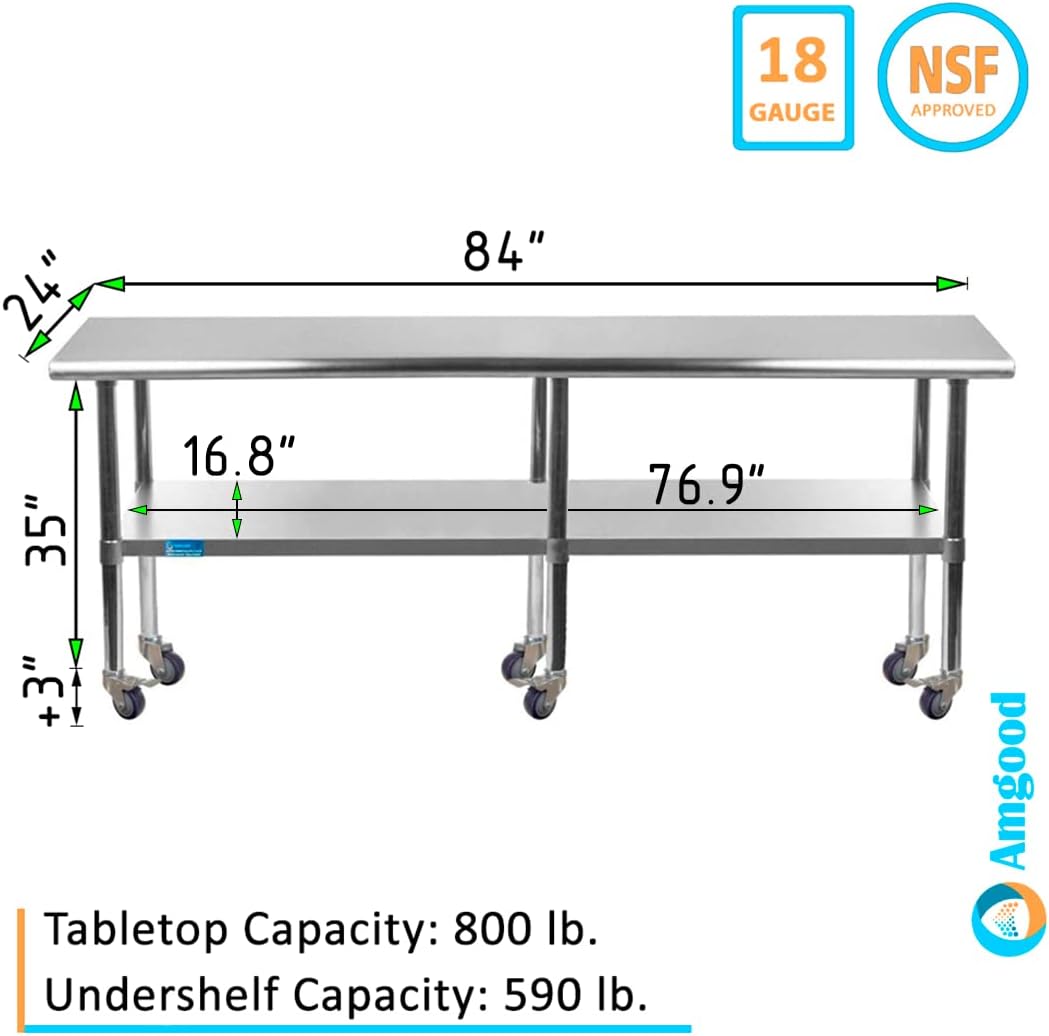 AmGood 84" Long x 24" Deep Stainless Steel Table with Casters