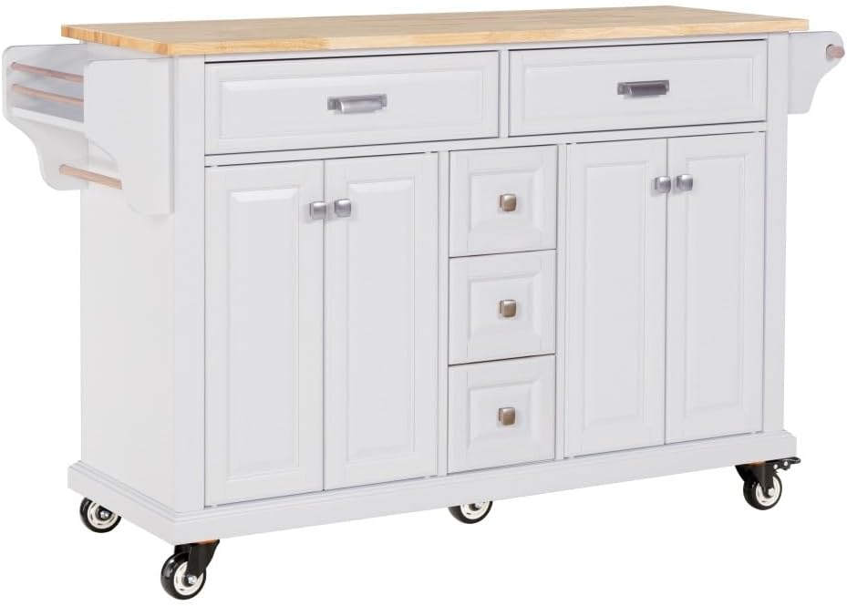 Kitchen Island with Rubberwood Top, Cabinet, 5 Drawers and Wheels, White | Ro...