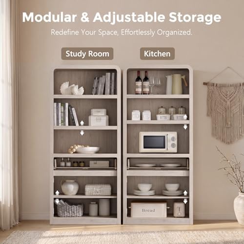 72" Tall Modern Bookshelf with Doors, 5-Tier Large Bookcase w/Drawer, Wo...