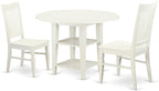 East West Furniture SUWE3-LWH-W 3 Piece Modern Dining Table Set Contains a Round Wooden Table with Dropleaf & Shelves and 2 Dining Room Chairs, 42x42 Inch, Linen White