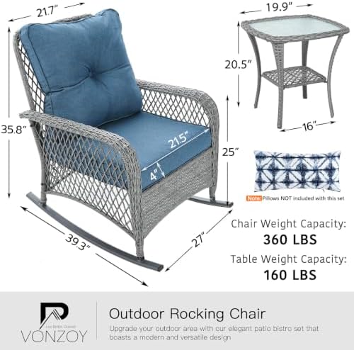 Patio Furniture Set 3 Pieces, Wicker Outdoor Rocking Bistro Set, Blue