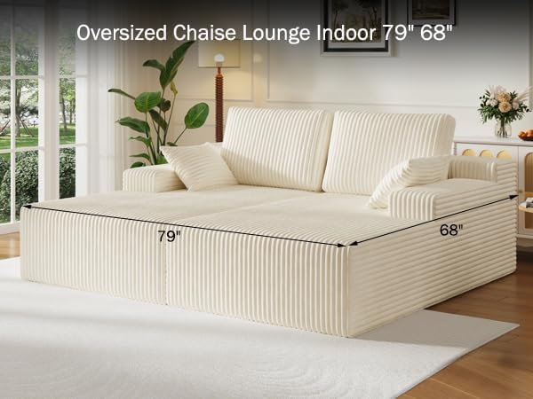 37.4" Oversized Chaise Longue Round Chair Indoor Living Room Boneless Giant Bean Bag Chair for Adults Corduroy Big Accent Sofa Floor Sofa Relax No Assembly (White, Loveseat Chaise)