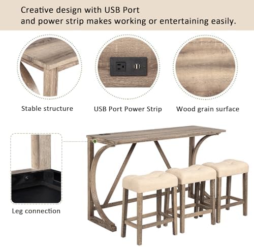 4-Piece Bar Table Set with Power Outlet, Dining Table and Chairs Set with 3 P...