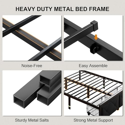 Einhomn King Size Bed Frame with 2 Storage Drawers, Metal Platform Bed with C...