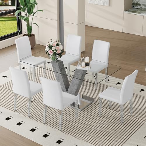 71" Modern Glass Dining Table Set for 6, 7-Piece Dining Table Set with C...