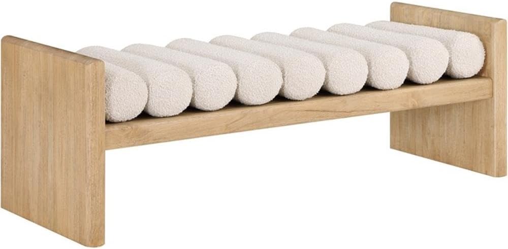 MAKLAINE Set of 2 Contemporary Natural Wood Bench with Cream Fabric Cushions