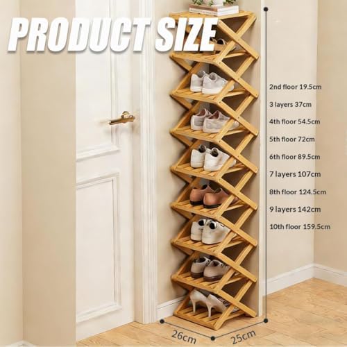 The 9-Tier No-Assembly Bamboo Rack, 2026 Upgraded Foldable Shoe Organizer , Tall Narrow Corner Shoe Shelf / Storage Stand for Entryway Closet Dorm, 2-9 Tiers, Natural or Tea Color (Nature,9Layer)